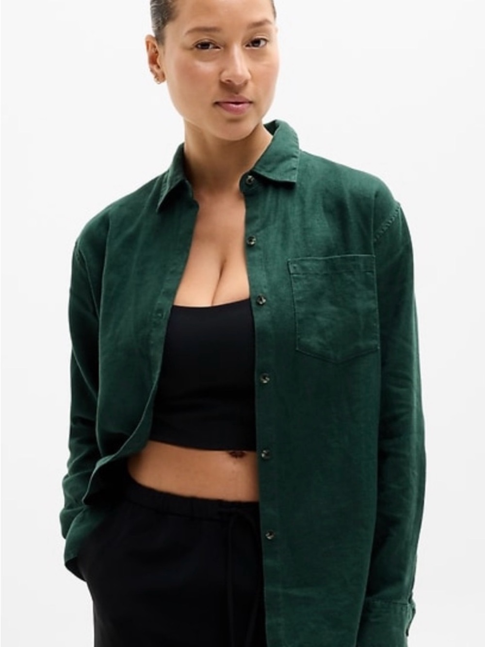 Athleta - Retreat Linen Pine Green Button-Up